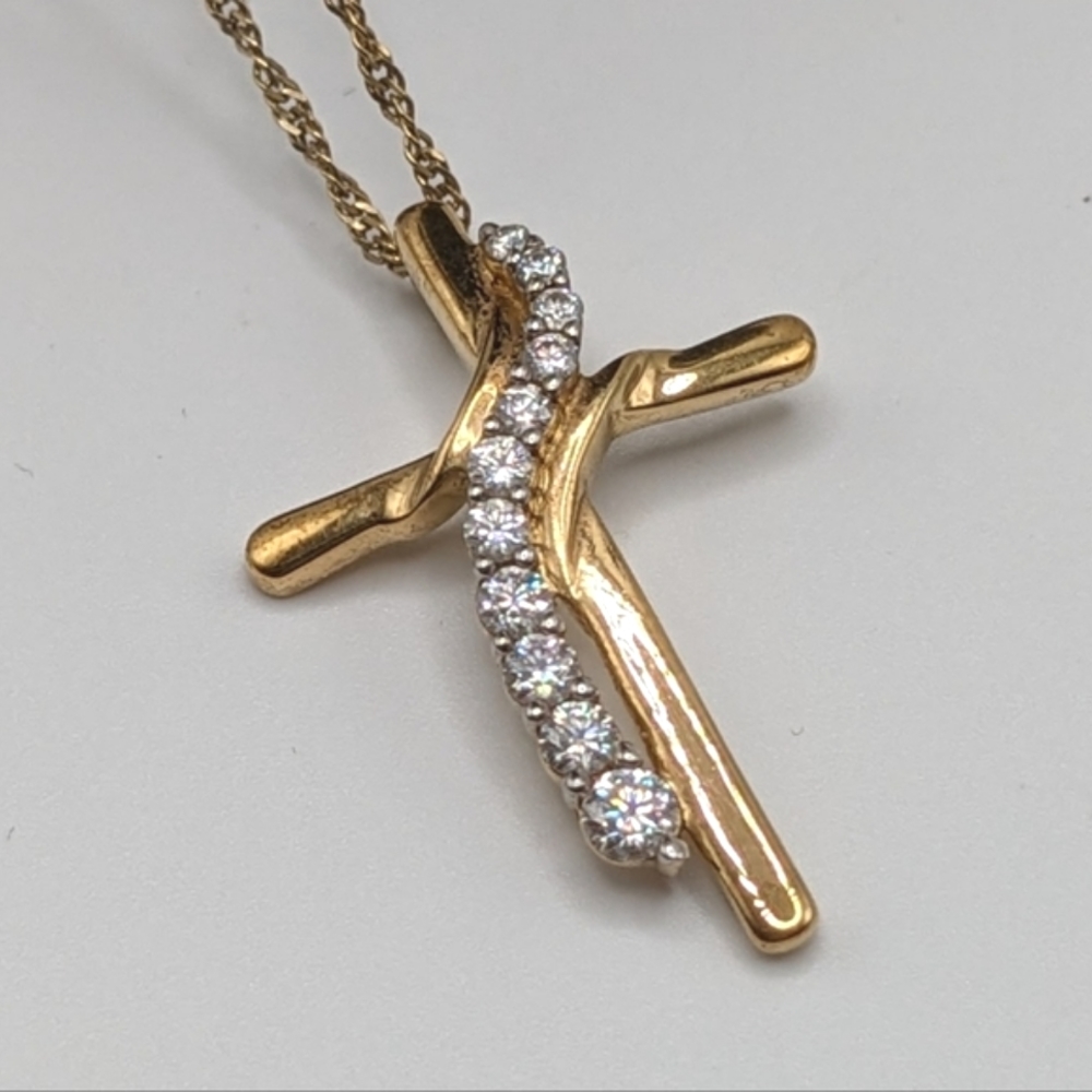 GOLD Cross with 12 CZ gems. Necklace. Gold over 925, NWOT